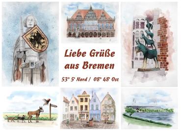 Postkarte DIN-A5 Aquarell Maritim Kunst Druck Kunstdruck Bremen Bremer Stadtmusikanten Collage Dom Rathaus Souvenir Souvenirs